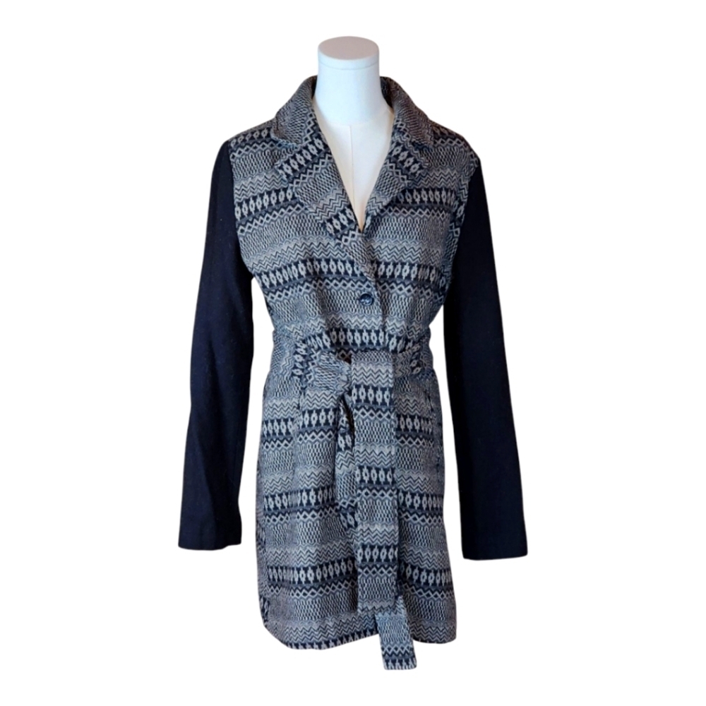 Tulle Black & White Geometric Belted Coat Tribal Print Wool Blend Size L